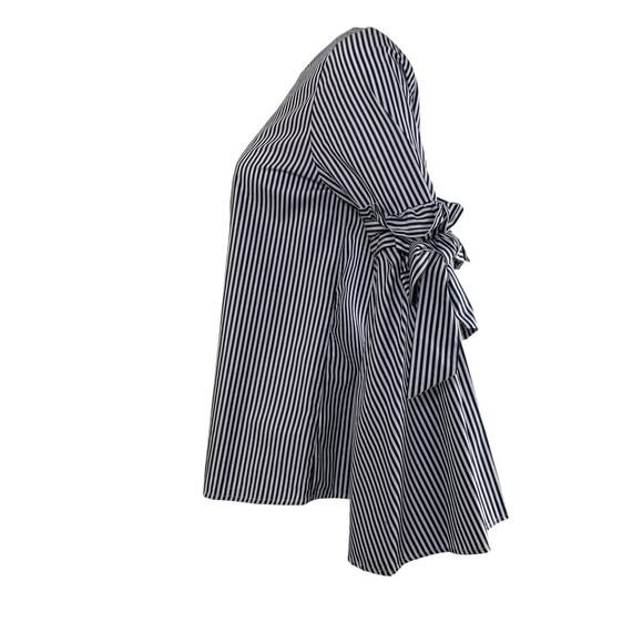 Neiman Marcus Bow Bell Sleeve Blouse Size S Black White Striped Statement Cotton - Picture 2 of 9